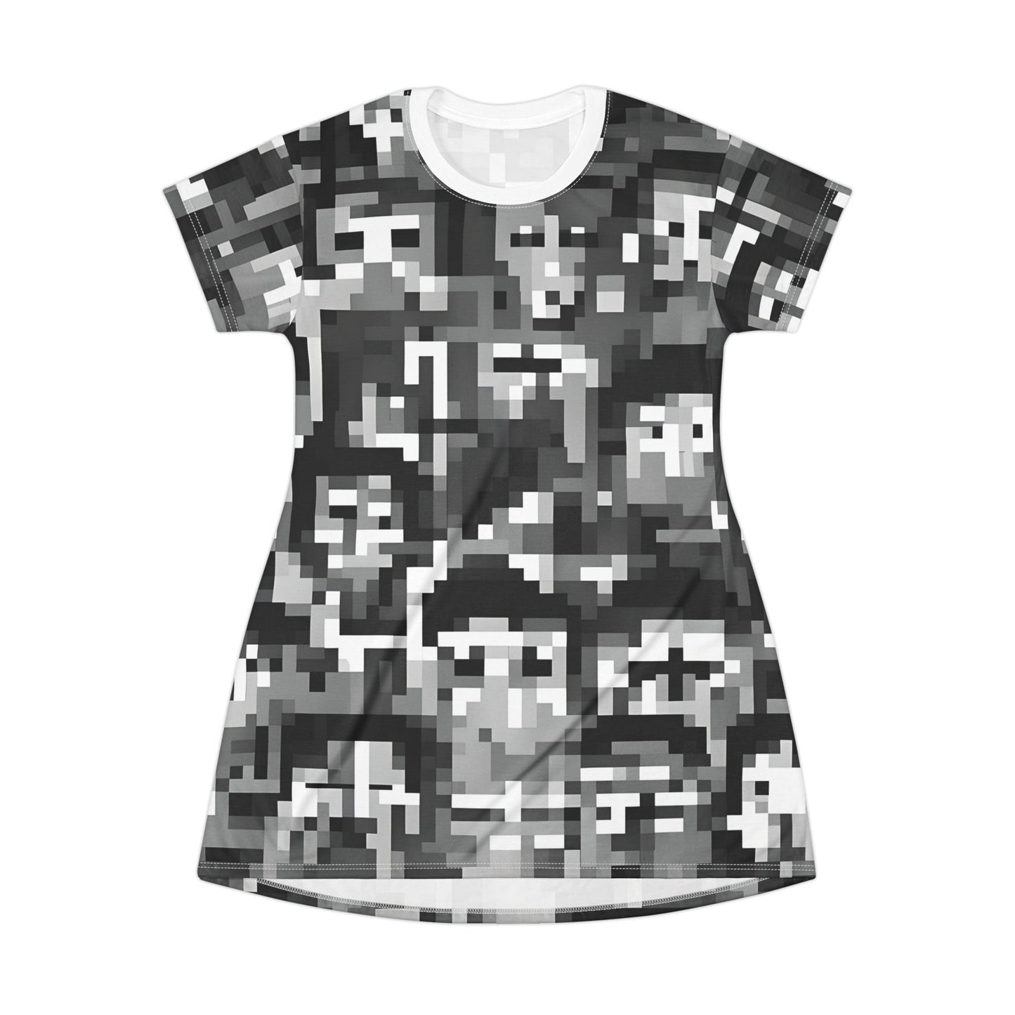 Abstract Face Pattern T-Shirt Dress - Monochrome Unique Design, Casual Wear, Perfect for Festivals, Techno Events, and Holidays