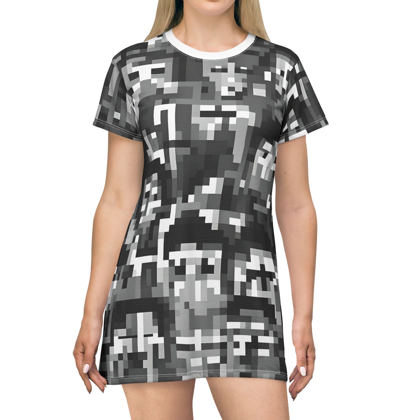 Abstract Face Pattern T-Shirt Dress - Monochrome Unique Design, Casual Wear, Perfect for Festivals, Techno Events, and Holidays