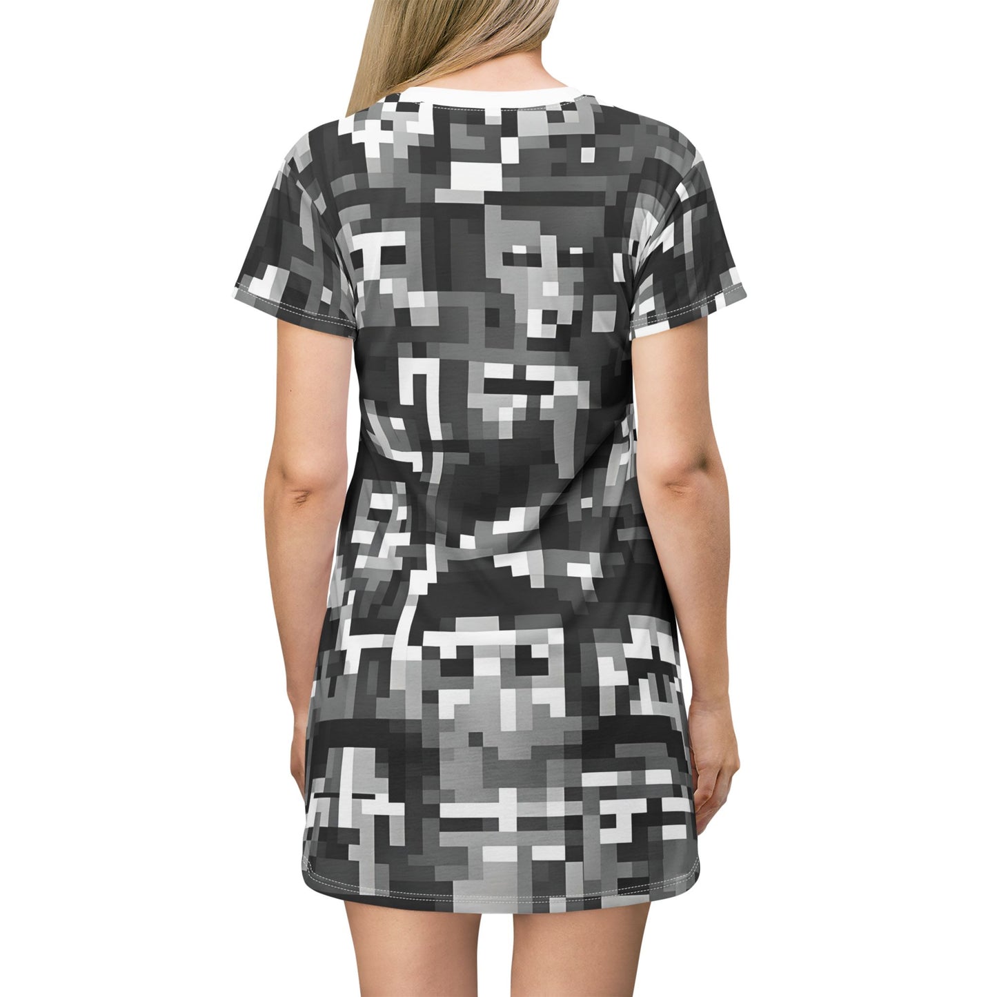 Abstract Face Pattern T-Shirt Dress - Monochrome Unique Design, Casual Wear, Perfect for Festivals, Techno Events, and Holidays