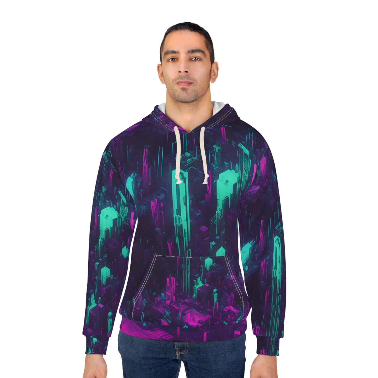 Cyberpunk pullover hoodie neon escapism adversarial camo